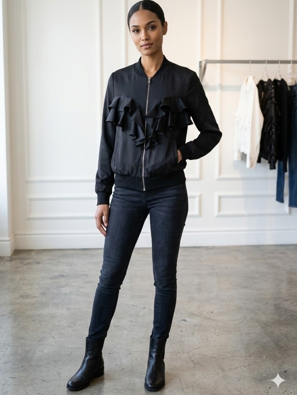 Black Ruffle Feminine Bomber Jacket Satin Feel Lightweight Women's Size Small